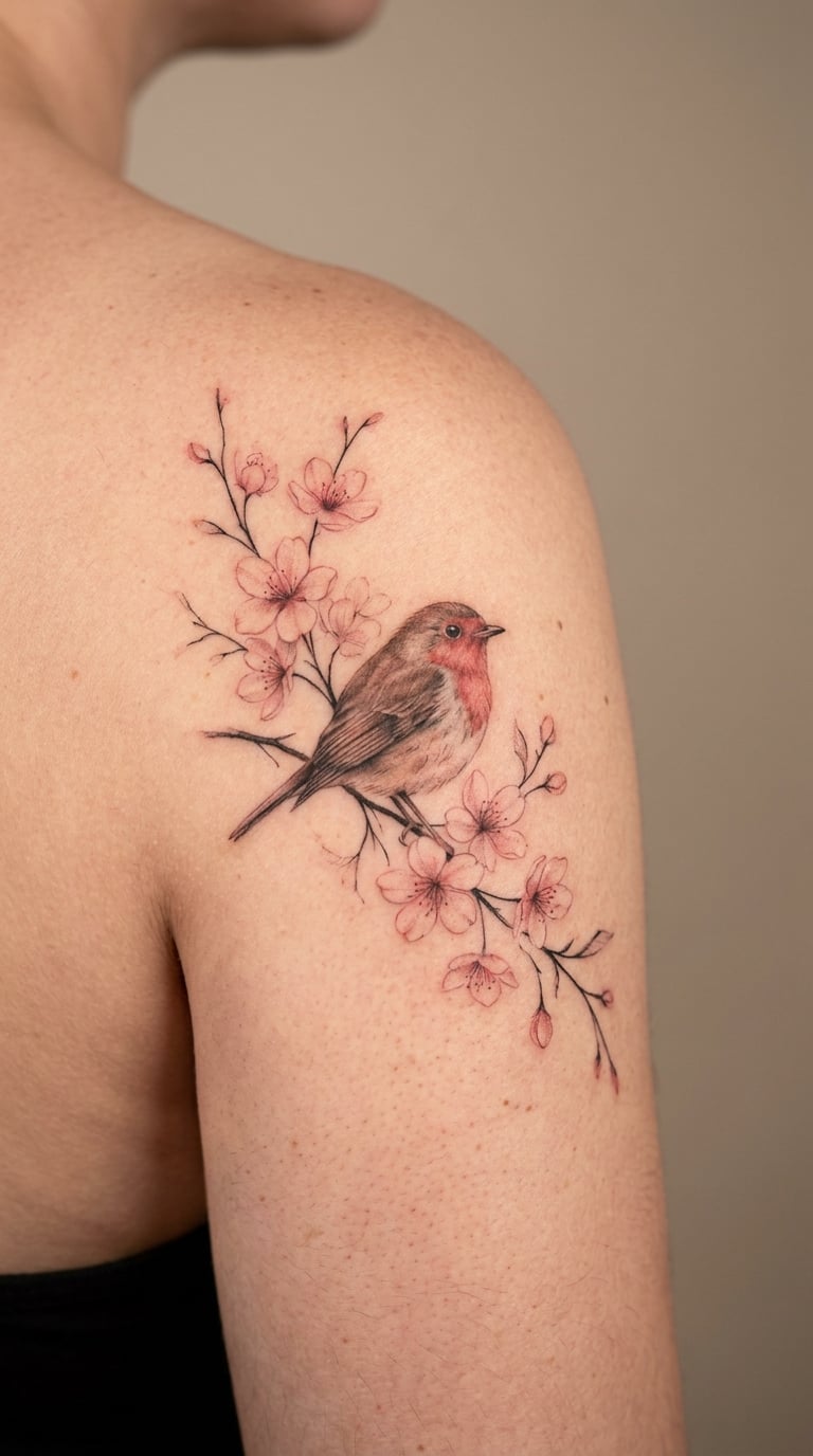 Robin in a Cherry-Blossom Canopy on the Shoulder