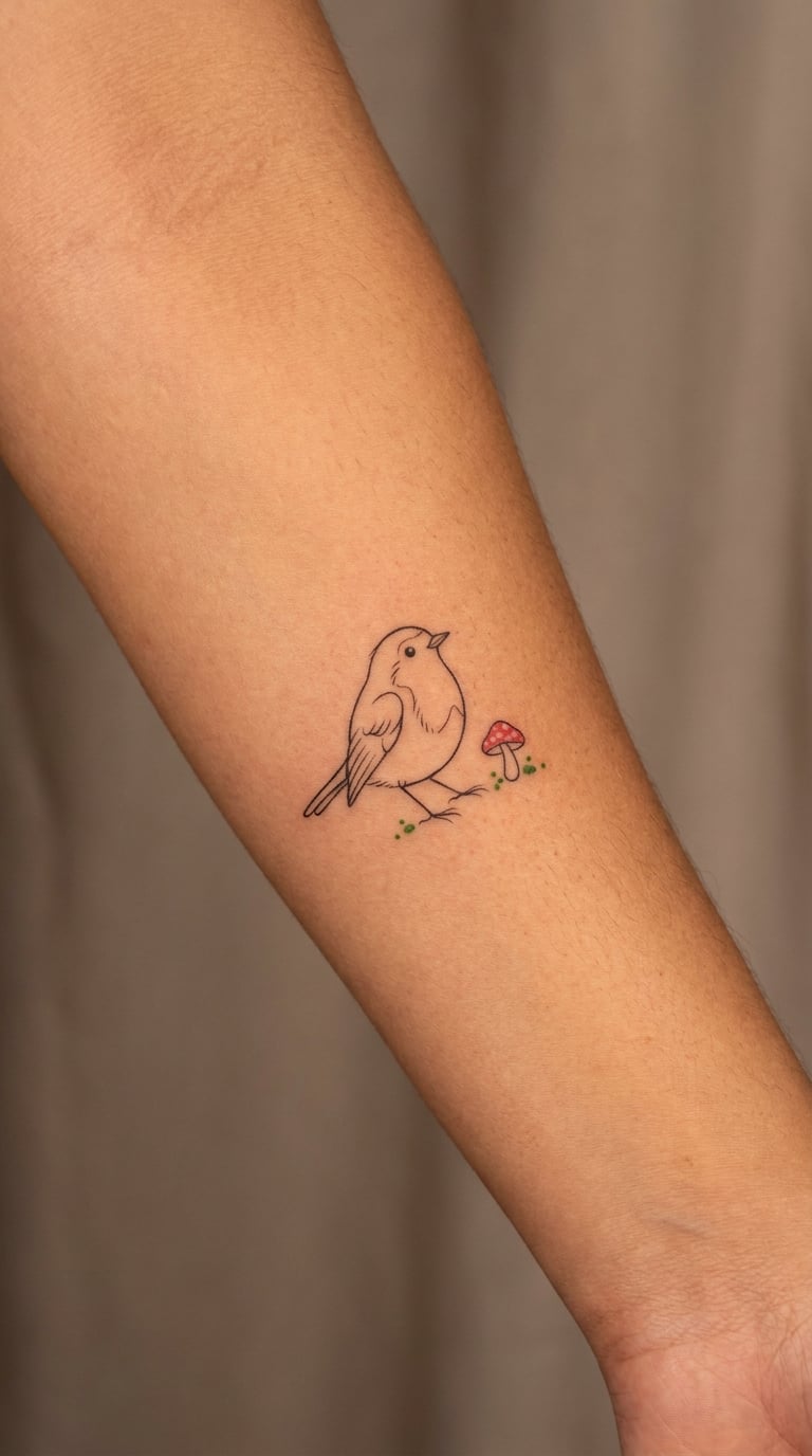 Whimsical Robin with a Tiny Red Mushroom