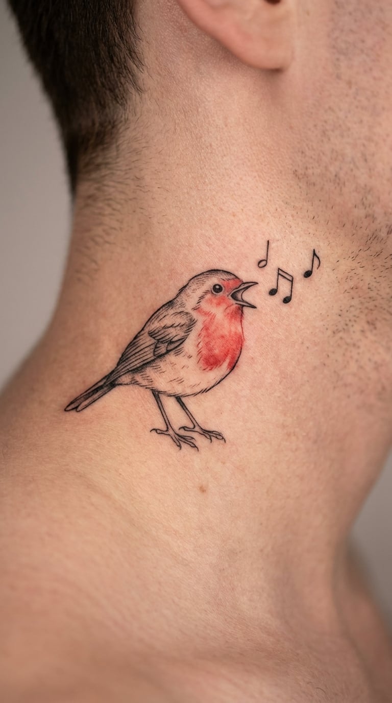 Robin Singing with Musical Notes on the Neck