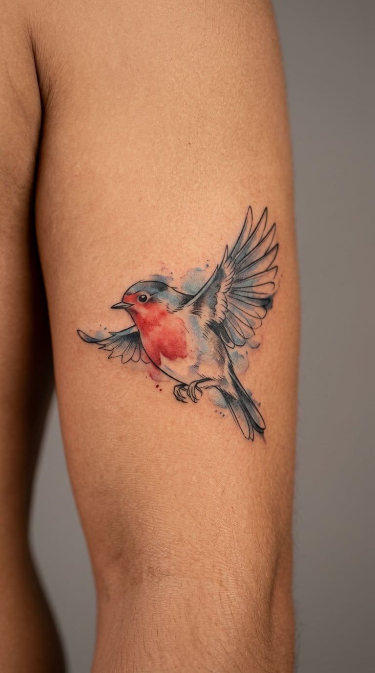 Watercolor Robin in Flight on the Upper Arm