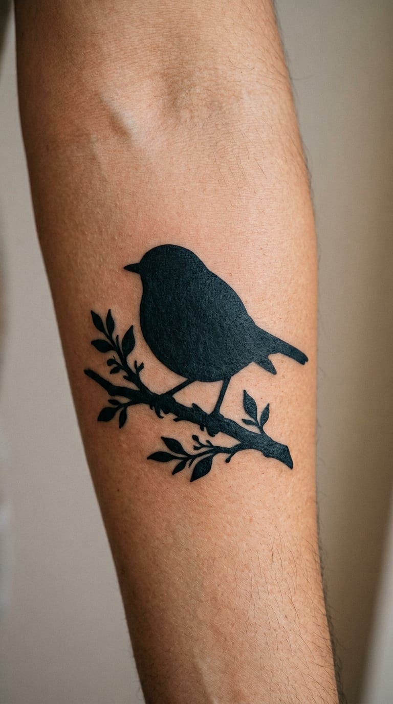 Bold Blackwork Robin Silhouette on the Forearm