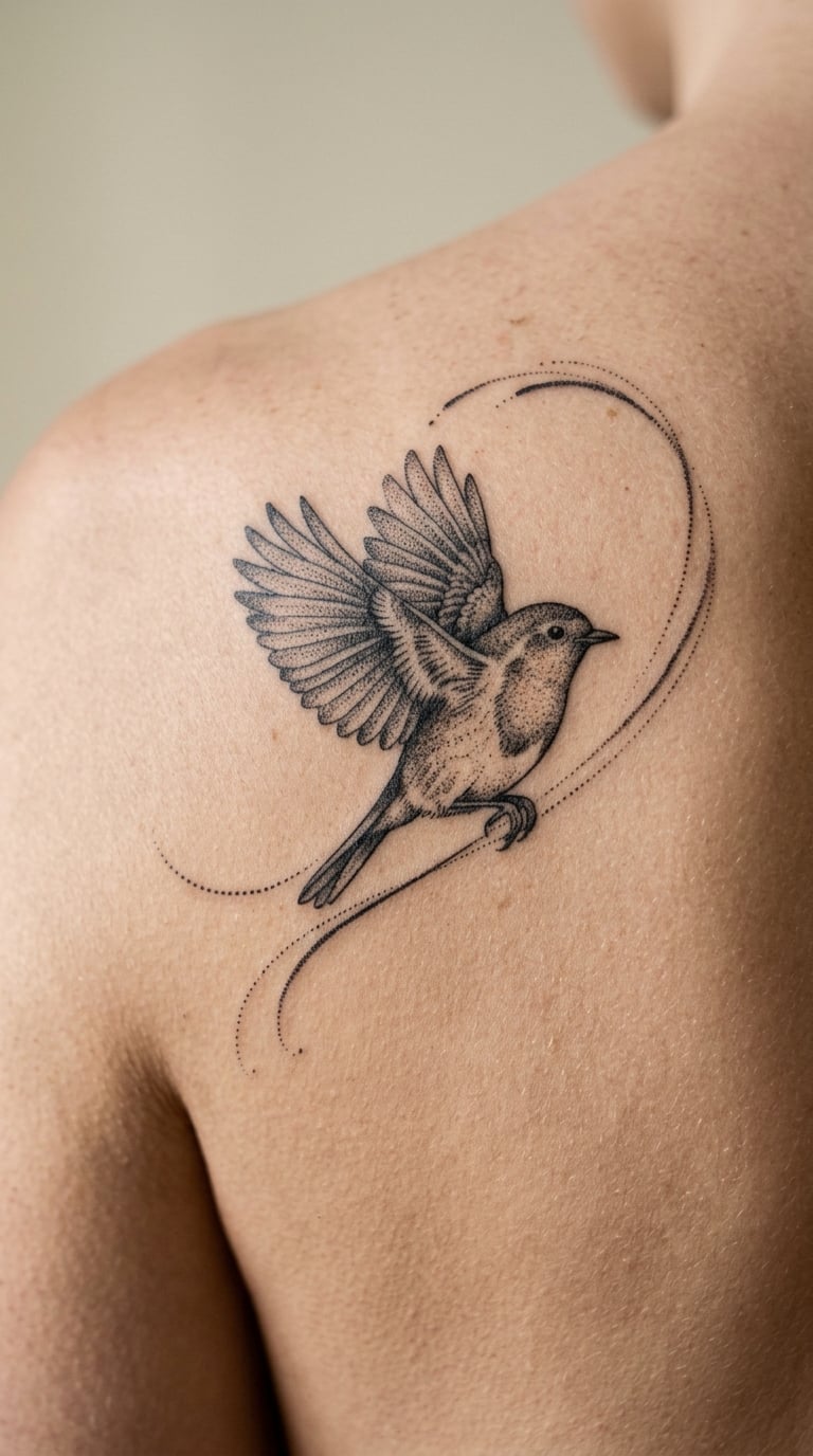 Dotwork Robin and Flight Path on the Shoulder Blade