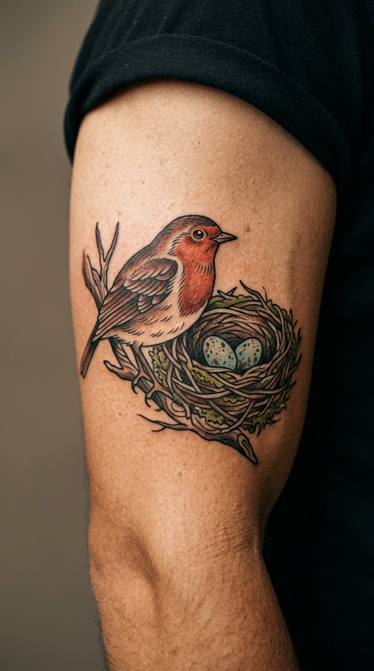 Old-School Robin with a Nest and Speckled Eggs