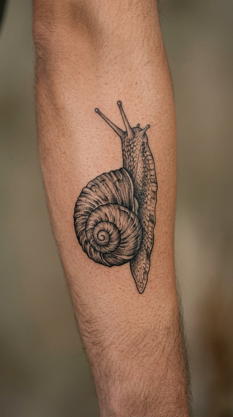 Realistic Garden Snail on the Forearm