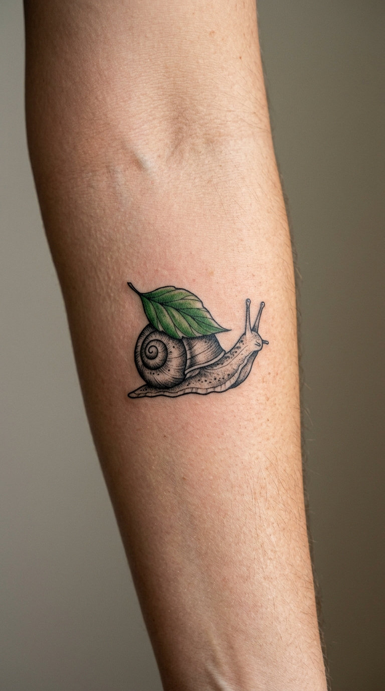 Snail Carrying a Tiny Leaf