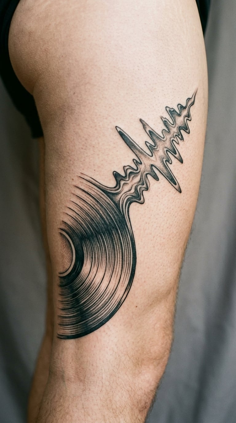 Black-and-Grey Vinyl Record Wave on the Thigh
