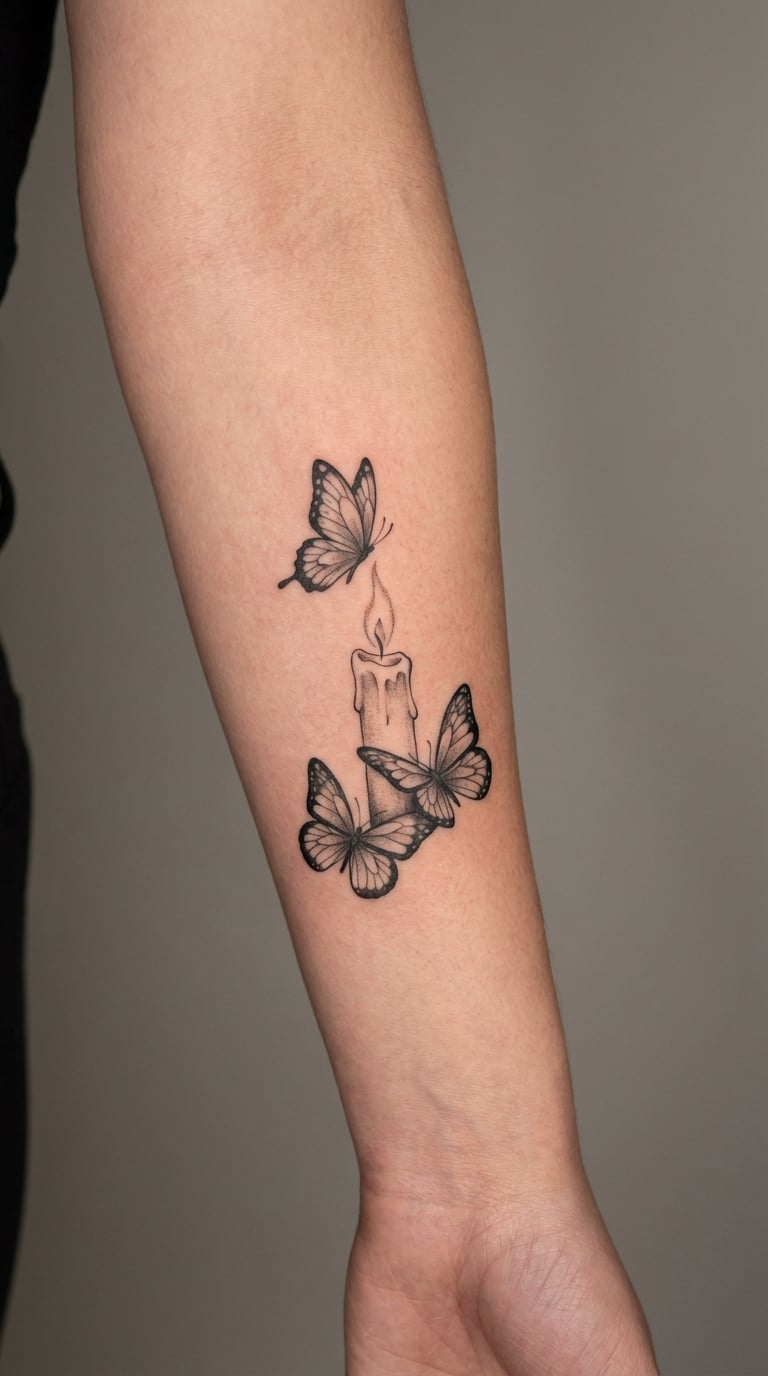 Candle with Surrounding Butterflies