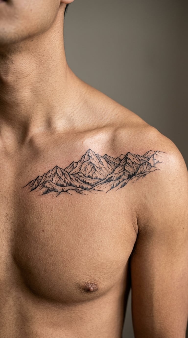 Fine-Line Mountain Range Across the Collarbone