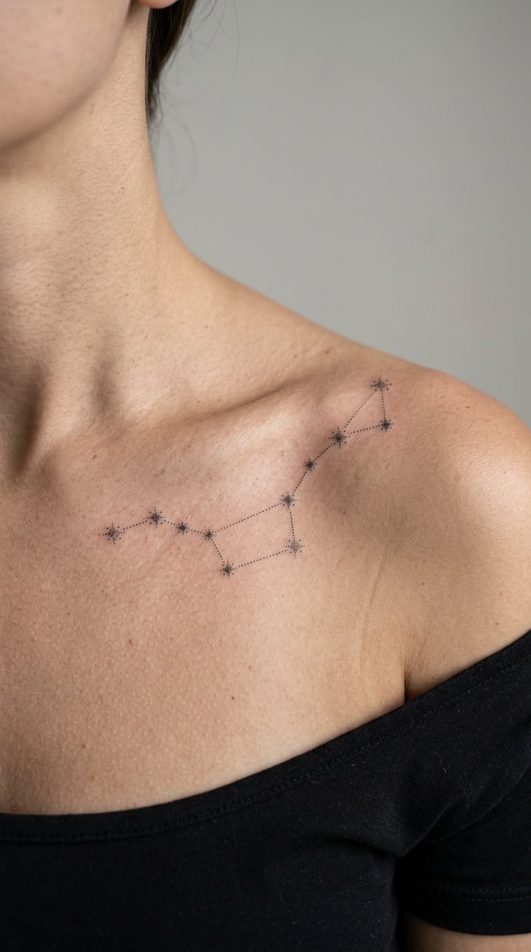Dotwork Constellation Flowing Over the Collarbone