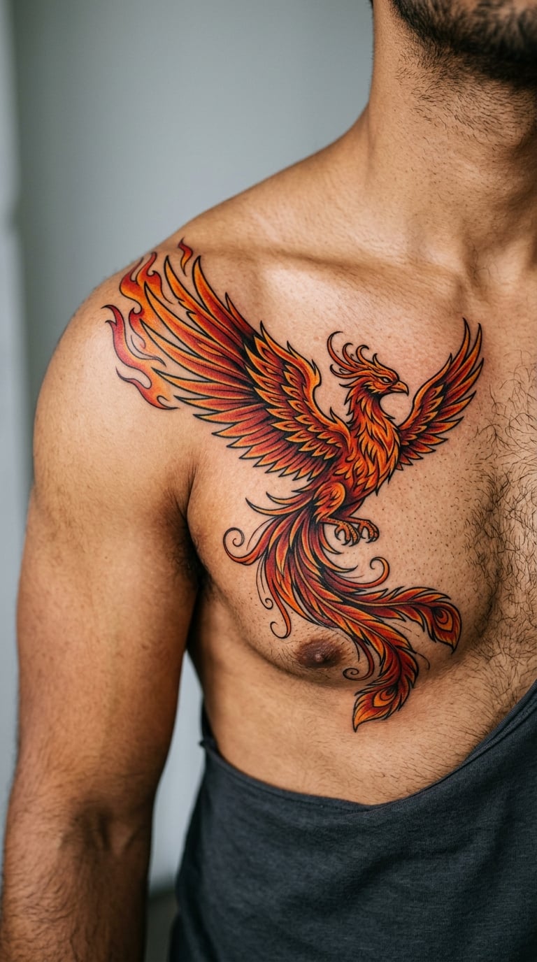 Red Ink Phoenix Rising Across the Pectoral