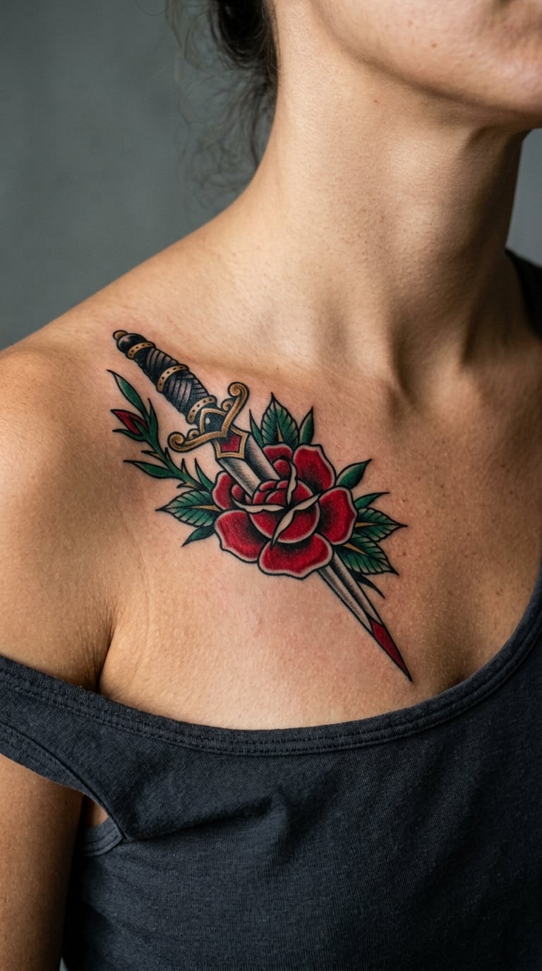 Traditional Rose and Dagger Collarbone Piece
