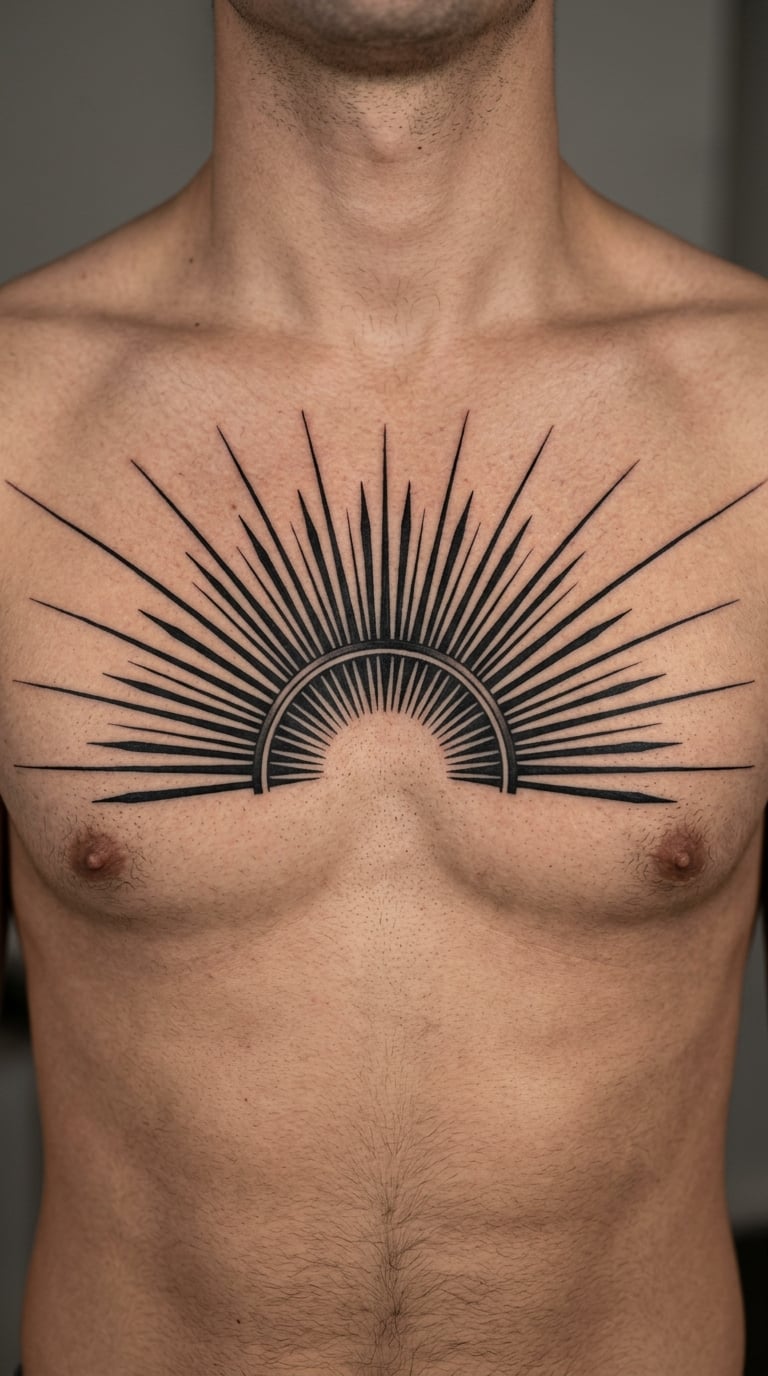 Blackwork Sunburst Wrapping the Upper Chest