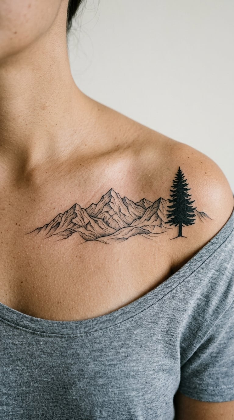 Fine-Line Mountain and Pine Silhouette