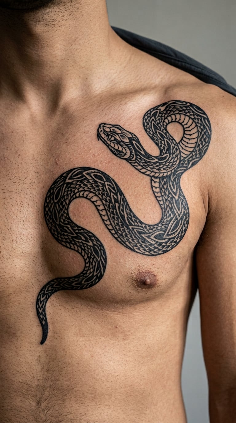 Blackwork Snake Wrapping Toward the Shoulder