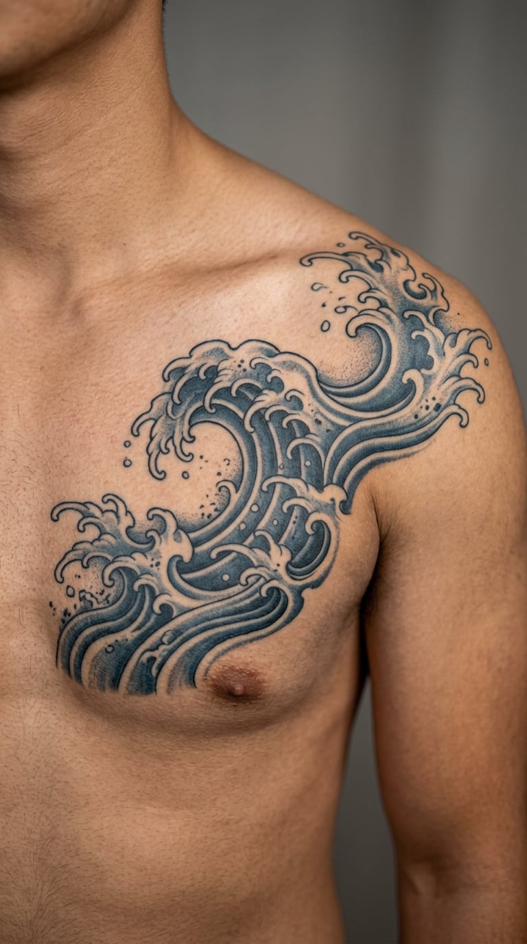 Japanese Waves Spilling from Chest to Shoulder