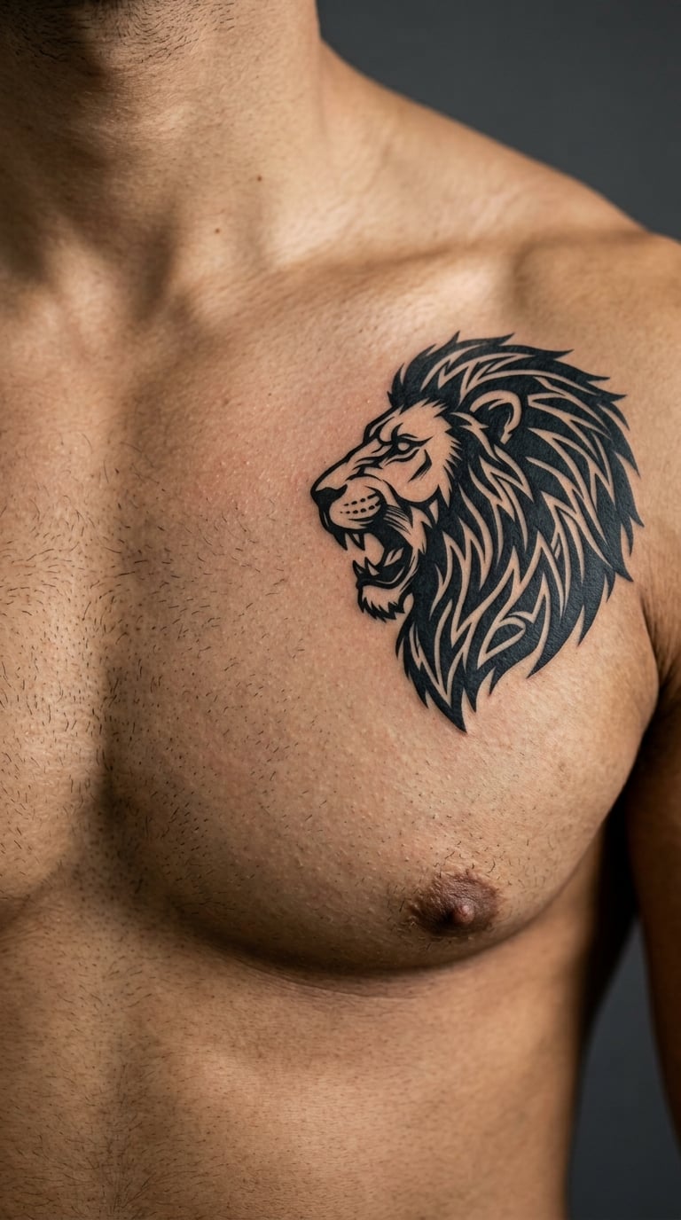 Blackwork Lion Profile on One Pectoral