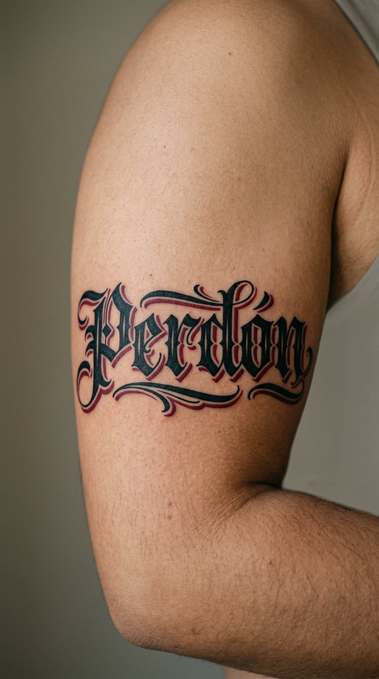 “Perdón” in Red-and-Black Script