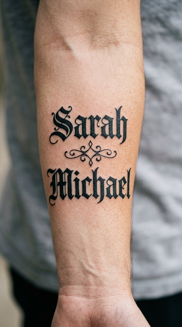 Two-Name Blackletter Couple Tattoo