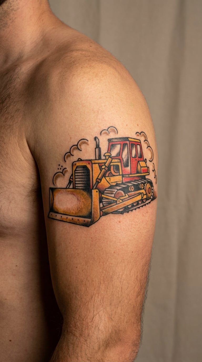 Traditional Bulldozer Shoulder Tattoo