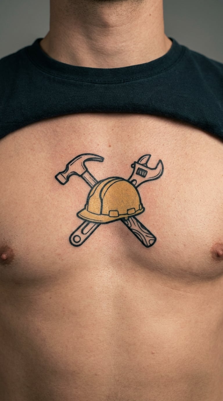 Crossed Hard Hat and Tools Tattoo