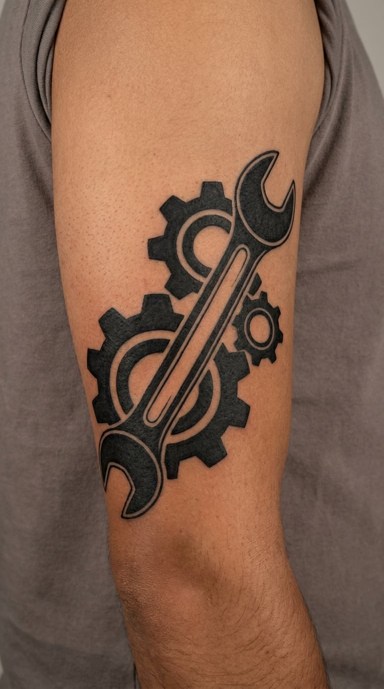 Gear and Wrench Blackwork Tattoo