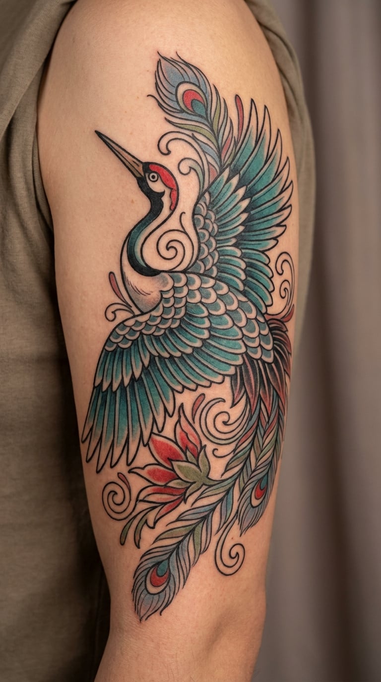 Neo-Traditional Crane with Bold Colour