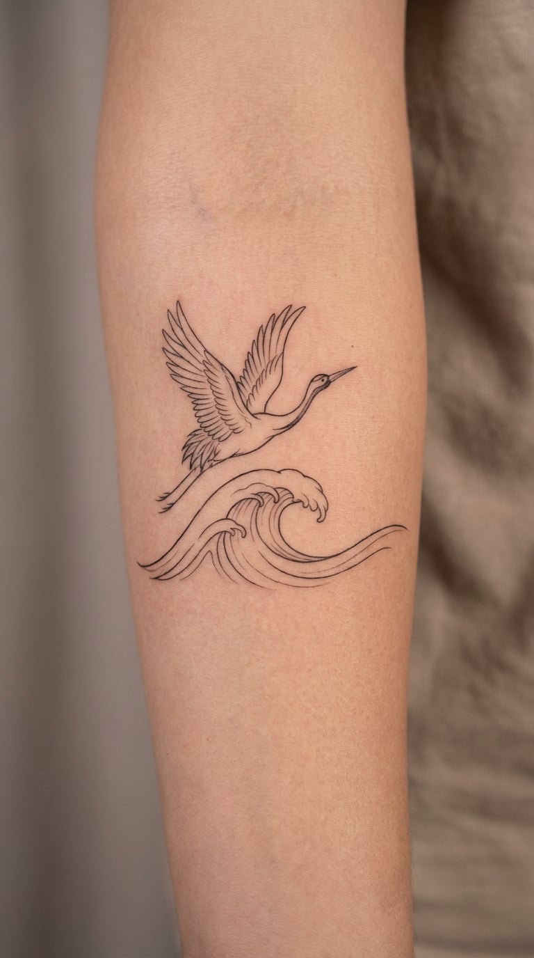 Crane and Wave Tattoo