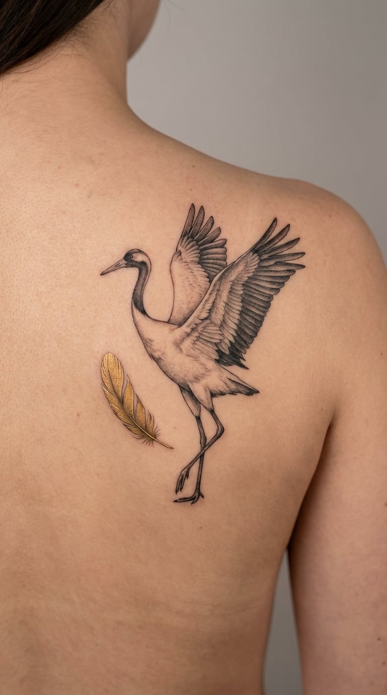 Crane with One Gold Feather