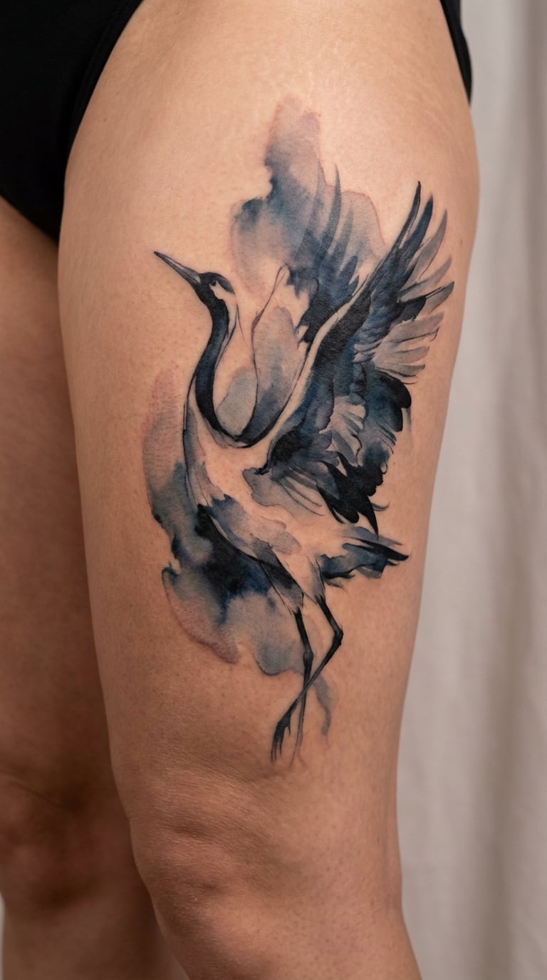 Watercolor Crane with Ink Wash Background