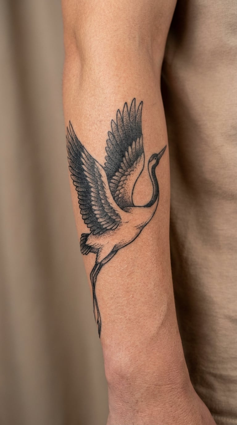 Blackwork Crane with Extended Wing