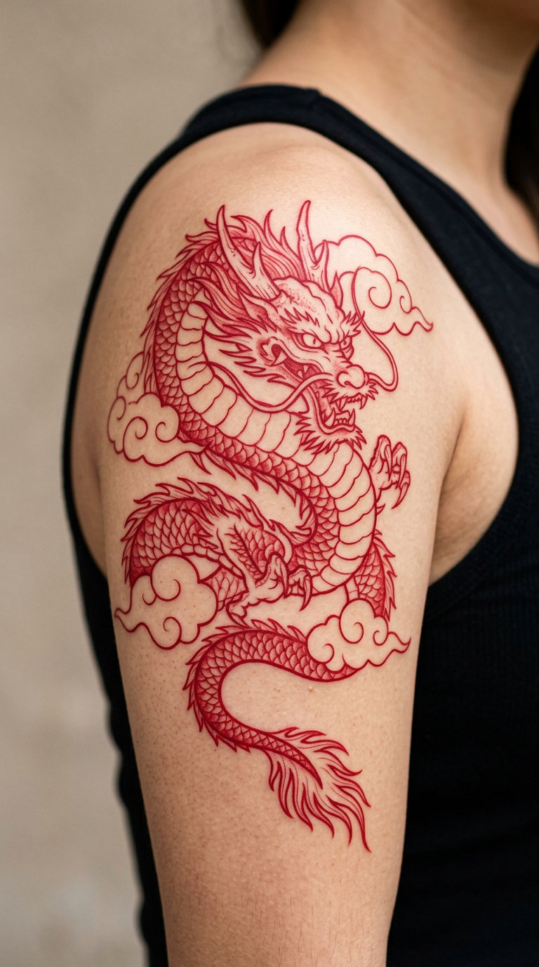Red Ink Dragon with Negative-Space Clouds
