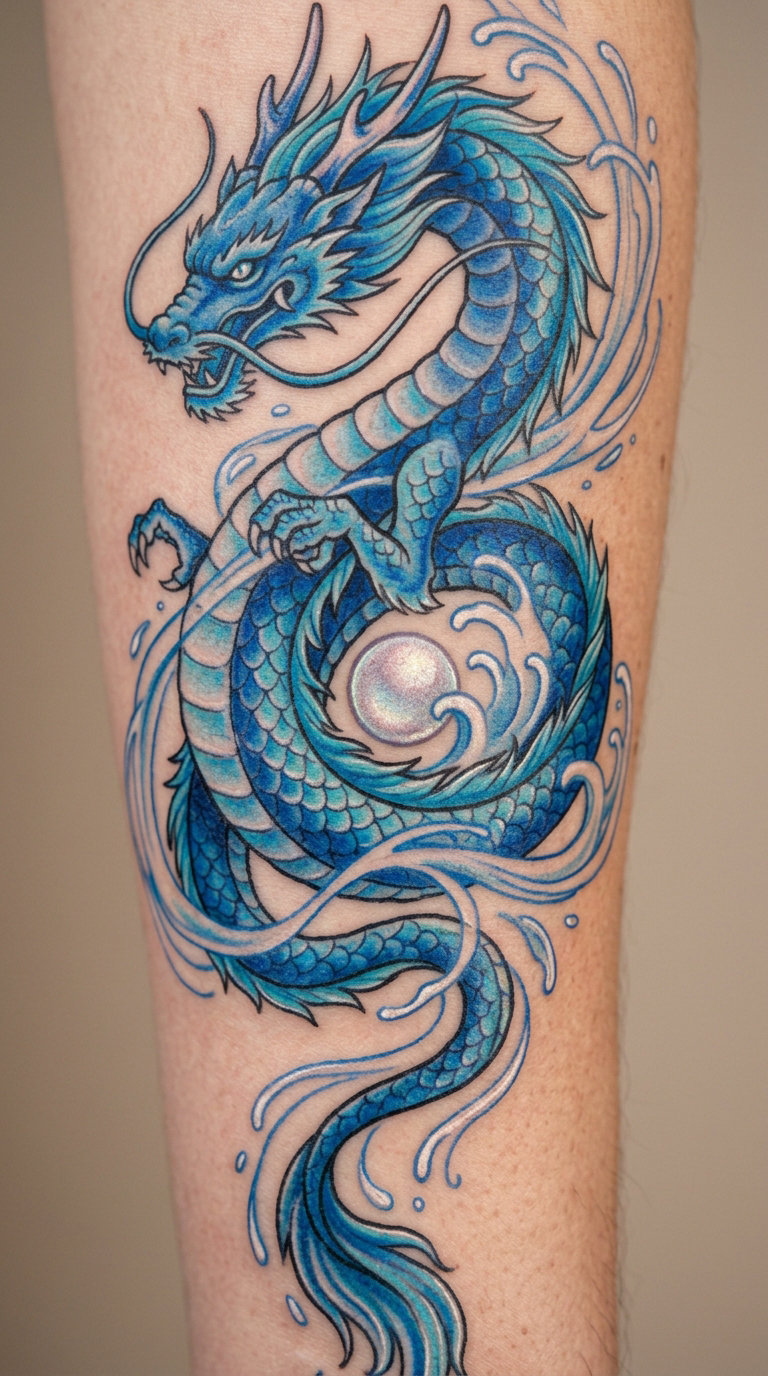 Blue Water Dragon with Pearl Accent