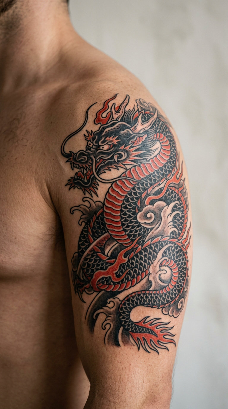 Japanese-Style Dragon in Black and Red