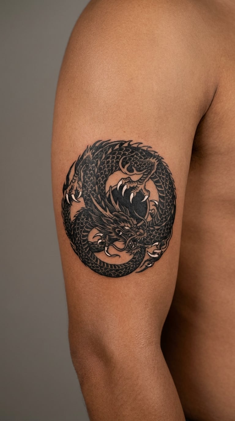 Blackwork Dragon in a Circular Emblem