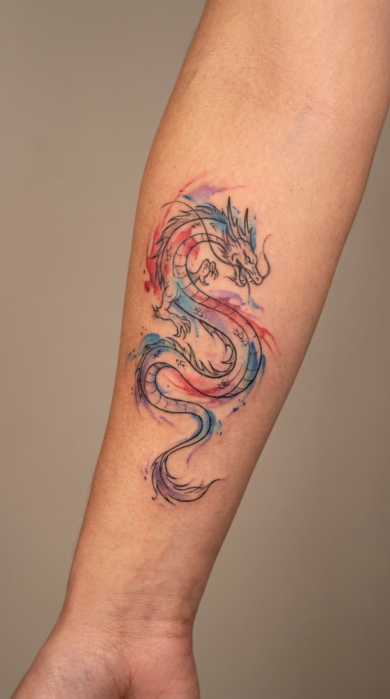Watercolor Dragon Winding Around a Forearm