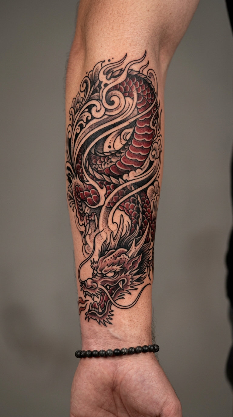 Neo-Traditional Dragon with Wind Swirls