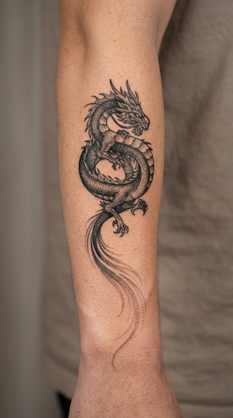 Dotwork Dragon with a Flowing Tail