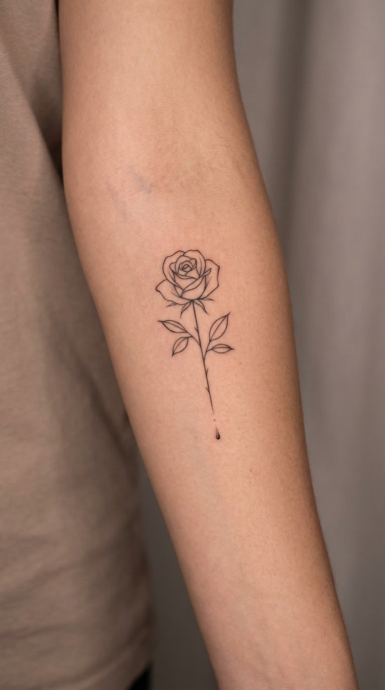 Fine-Line Black Rose with Ink-Drip Accent