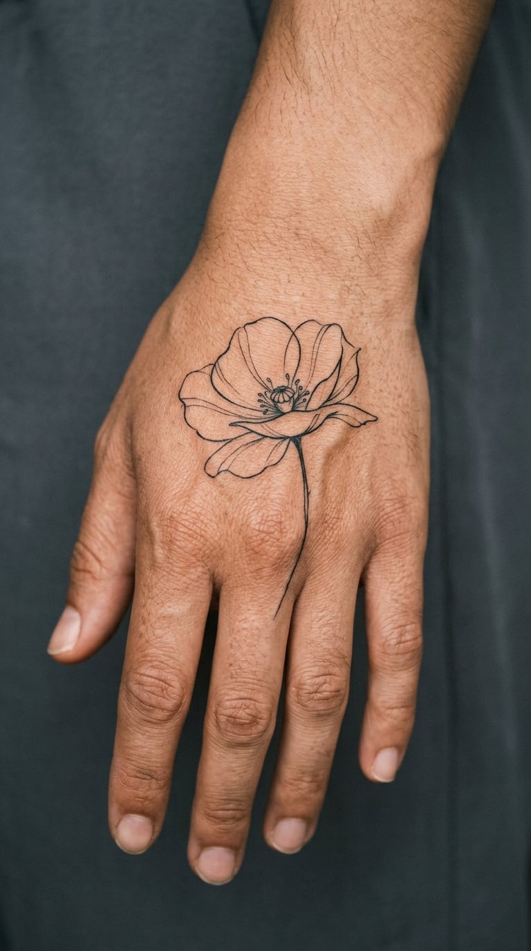 Minimal Black Poppy on the Hand