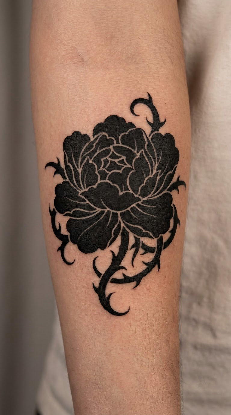 Blackwork Peony Wrapped in Thorns