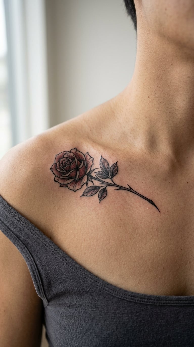 Macro Thorn and Dark Rose on the Collarbone