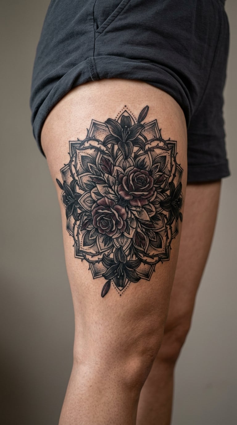 Large Dark Floral Mandala for the Thigh