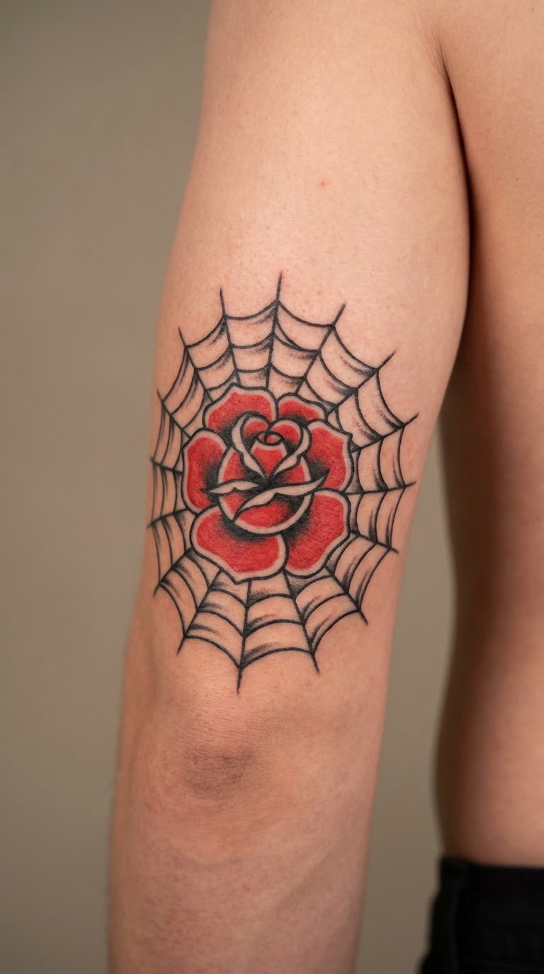 Traditional Dark Rose with Spiderweb Background