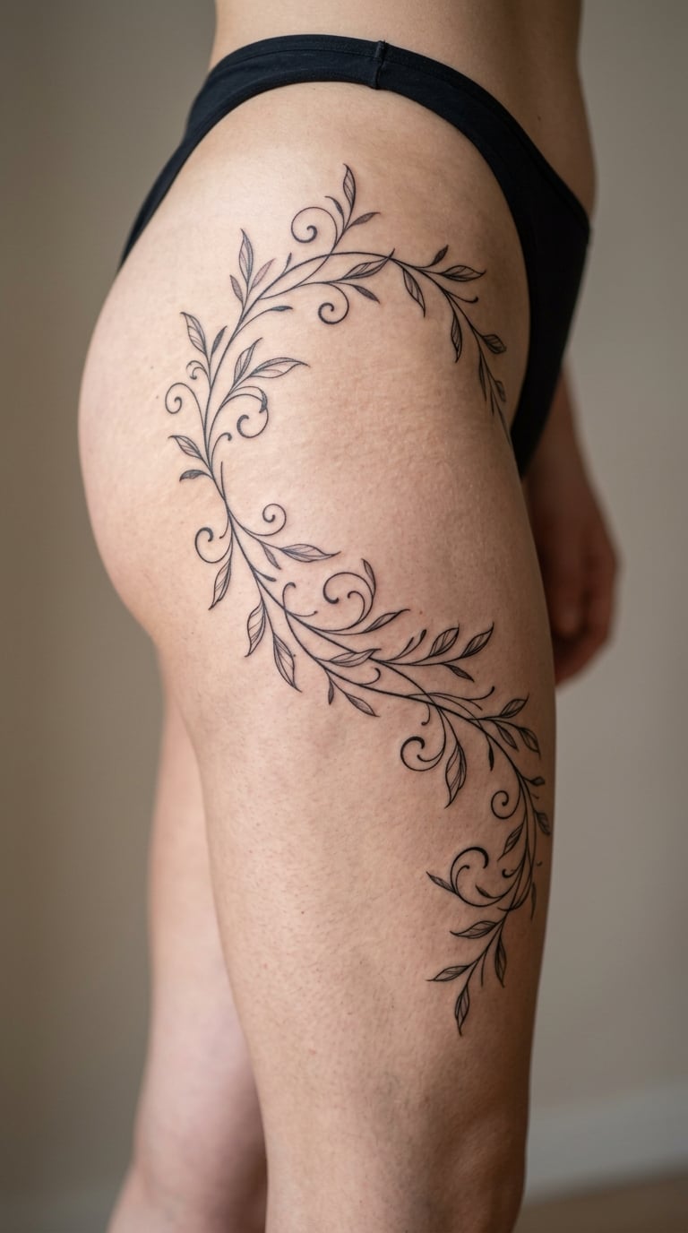 Fine-Line Botanical Vine Around the Hip