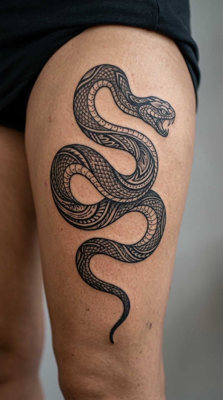 Blackwork Snake Winding Around the Thigh