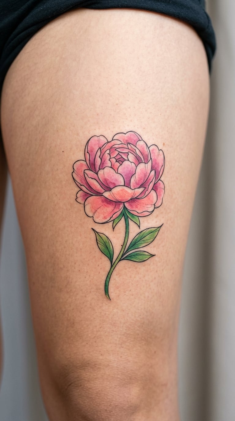Watercolor Peony on the Upper Thigh