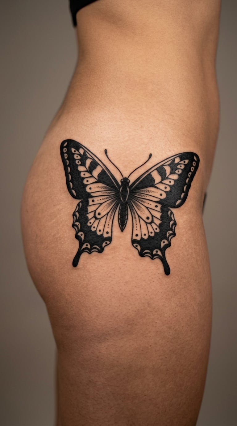 Blackwork Butterfly Across the Hip
