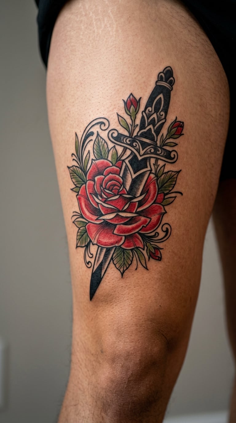 Neo-Traditional Rose and Dagger