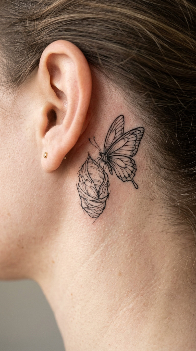 Butterfly Emerging from a Line-Art Cocoon