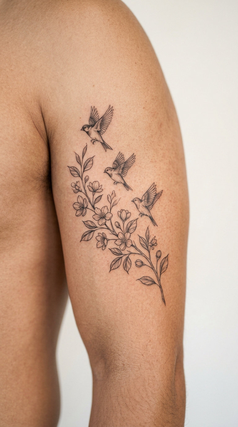 Branch Blossoming into Line-Art Birds